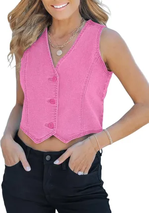 luvamia Jean Vests for Women Crop Denim Top Button Down Waistcoat Vest Tank Tops Fashion Casual Sleeveless Jacket