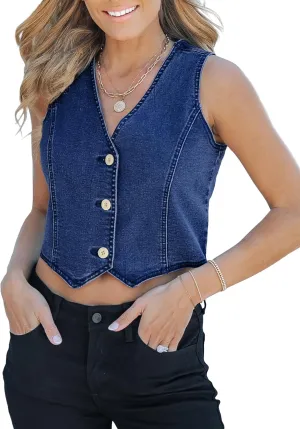 luvamia Jean Vests for Women Crop Denim Top Button Down Waistcoat Vest Tank Tops Fashion Casual Sleeveless Jacket