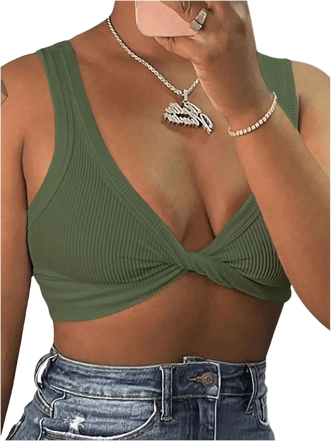 MakeMeChic Women's Crop Tank Top Ribbed Twist Front Sexy Cute Going Out Tops
