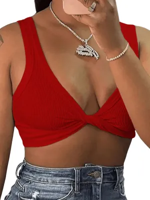 MakeMeChic Women's Crop Tank Top Ribbed Twist Front Sexy Cute Going Out Tops