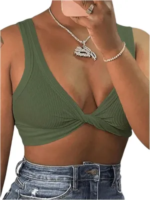 MakeMeChic Women's Crop Tank Top Ribbed Twist Front Sexy Cute Going Out Tops