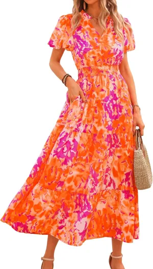 MASCOMODA Summer Maxi Dresses for Women 2025 Casual V Neck Puff Short Sleeve Smocked Flowy Beach Boho Long Floral Dress