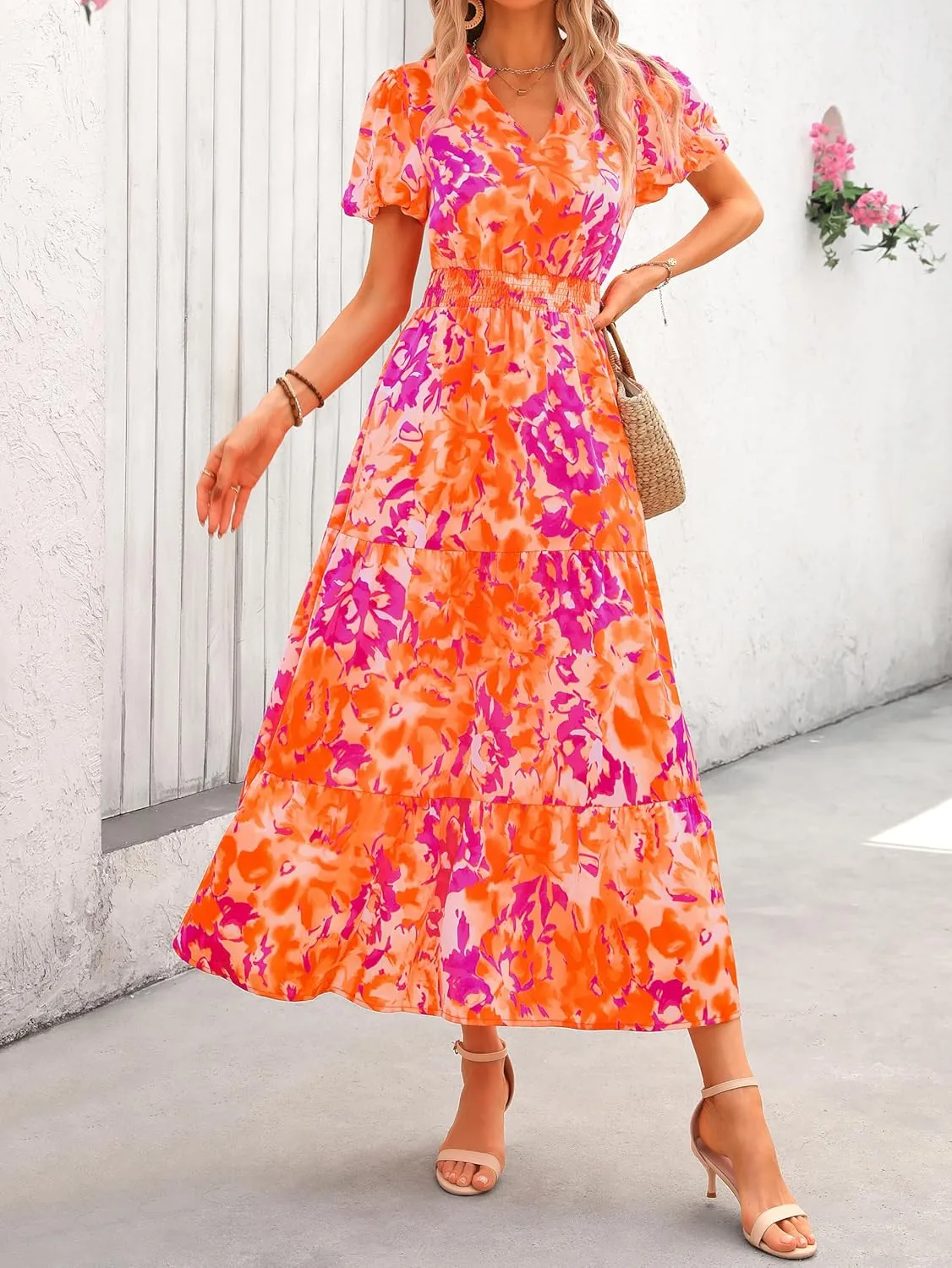 MASCOMODA Summer Maxi Dresses for Women 2025 Casual V Neck Puff Short Sleeve Smocked Flowy Beach Boho Long Floral Dress