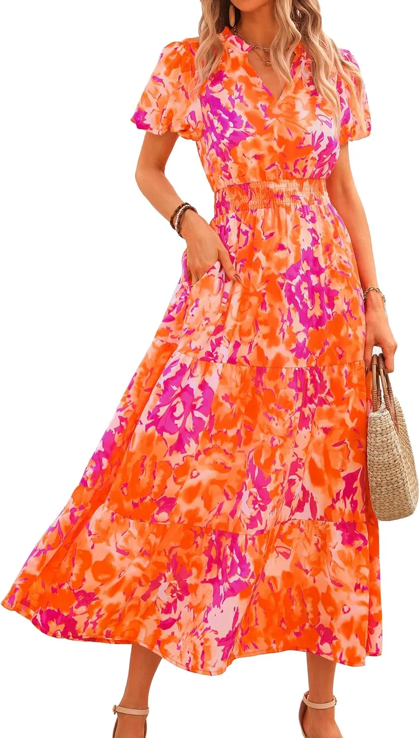 MASCOMODA Summer Maxi Dresses for Women 2025 Casual V Neck Puff Short Sleeve Smocked Flowy Beach Boho Long Floral Dress