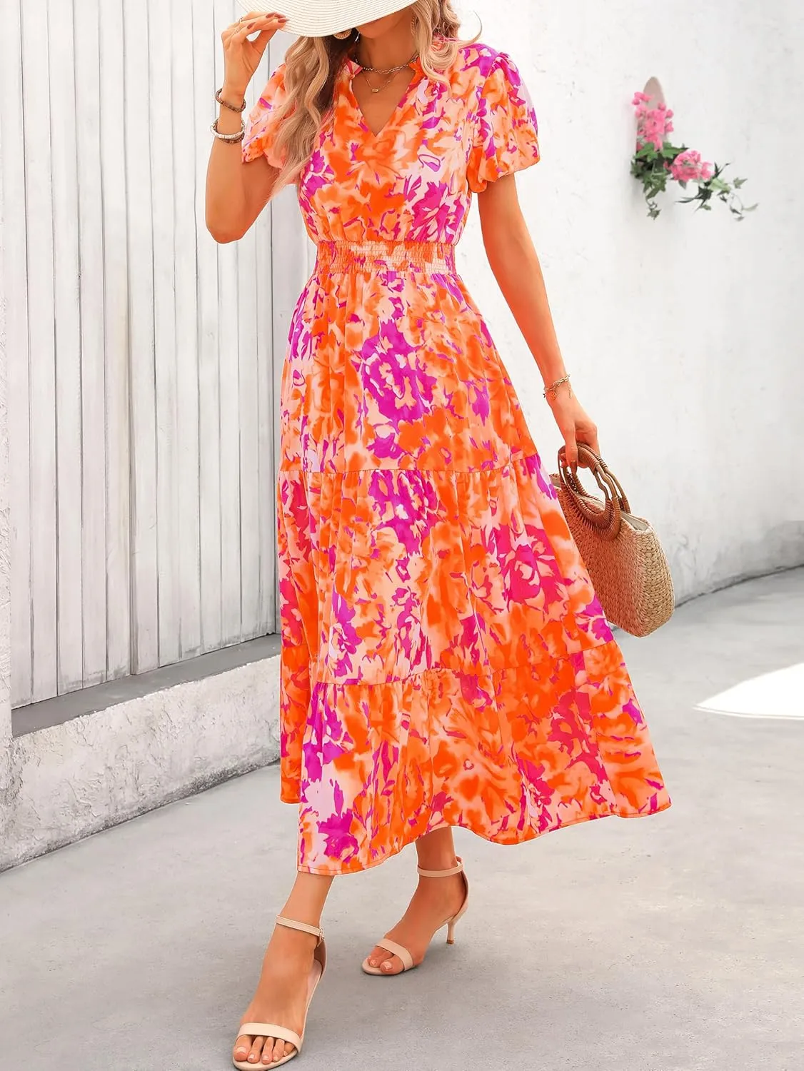 MASCOMODA Summer Maxi Dresses for Women 2025 Casual V Neck Puff Short Sleeve Smocked Flowy Beach Boho Long Floral Dress