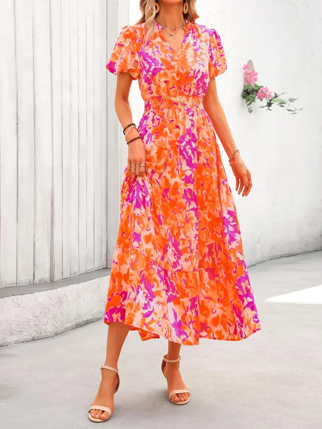 MASCOMODA Summer Maxi Dresses for Women 2025 Casual V Neck Puff Short Sleeve Smocked Flowy Beach Boho Long Floral Dress