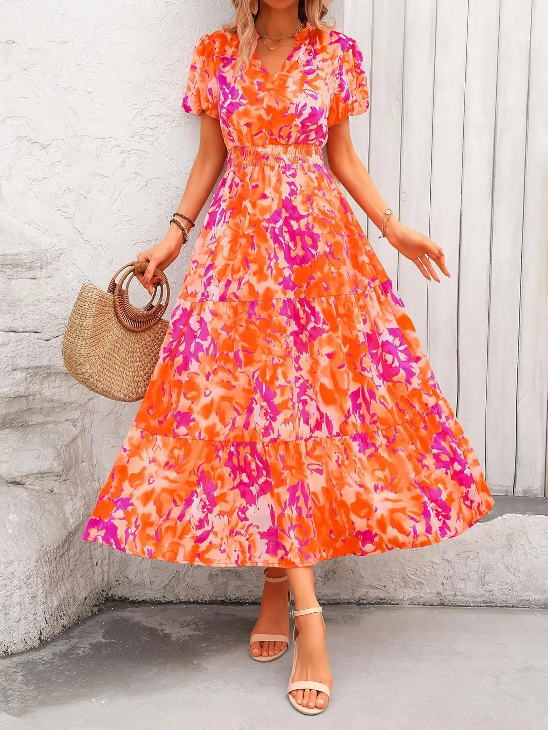 MASCOMODA Summer Maxi Dresses for Women 2025 Casual V Neck Puff Short Sleeve Smocked Flowy Beach Boho Long Floral Dress