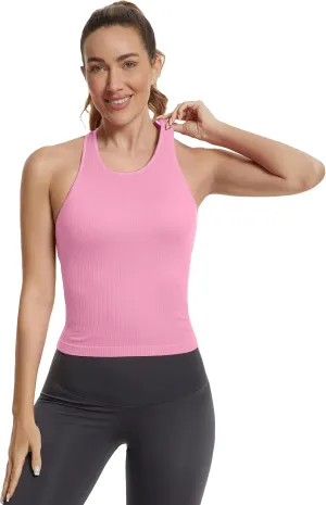 MathCat Workout Tank Tops for Women with Built in Bra,Ribbed Racerback Crop Tank Top,Workout Tops for Women Slim Fit