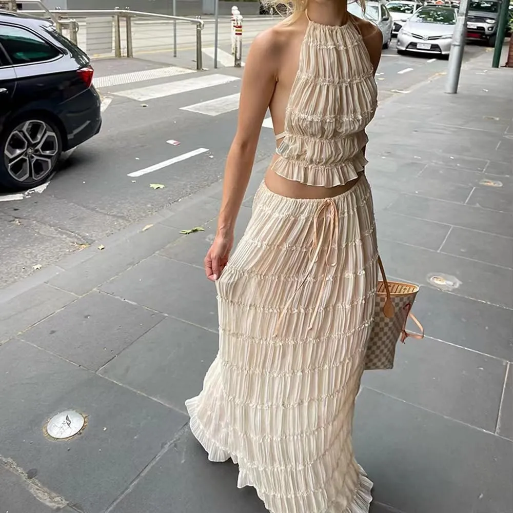 Maxi Skirt Sets Women 2 Piece Outfits Long Maxi Skirt Lace Up Back Dress Summer Dresses for Women 2024 Beach Outfits