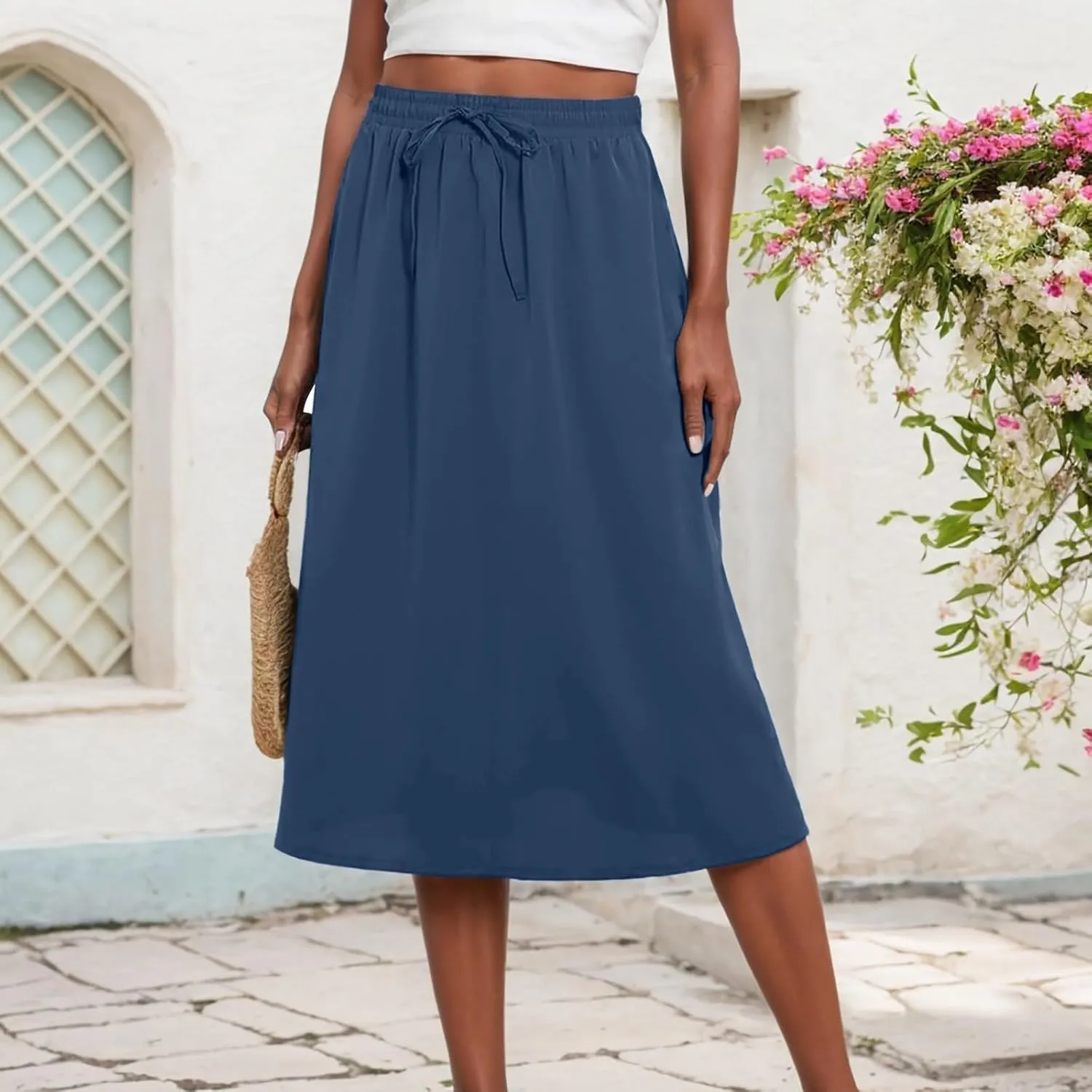 Maxi Skirts for Women 2025 Elegant Boho Pleated Skirt Elastic High Waisted Casual Summer Pockets A Line Dresses Outfits