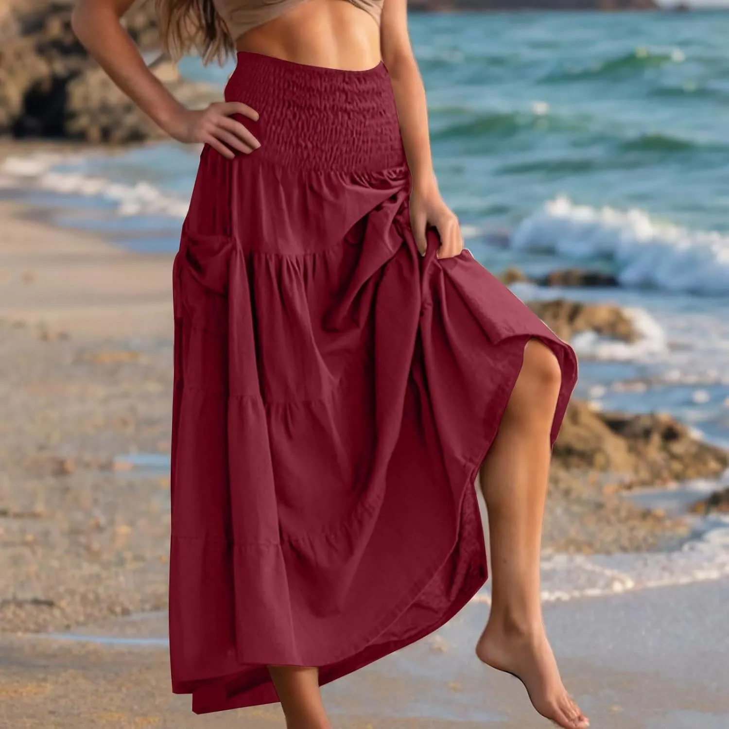 Maxi Skirts for Women Elastic High Waist Tiered A-Line Pleated Long Skirt Summer Flowy Swing Boho Solid Beach Clothes