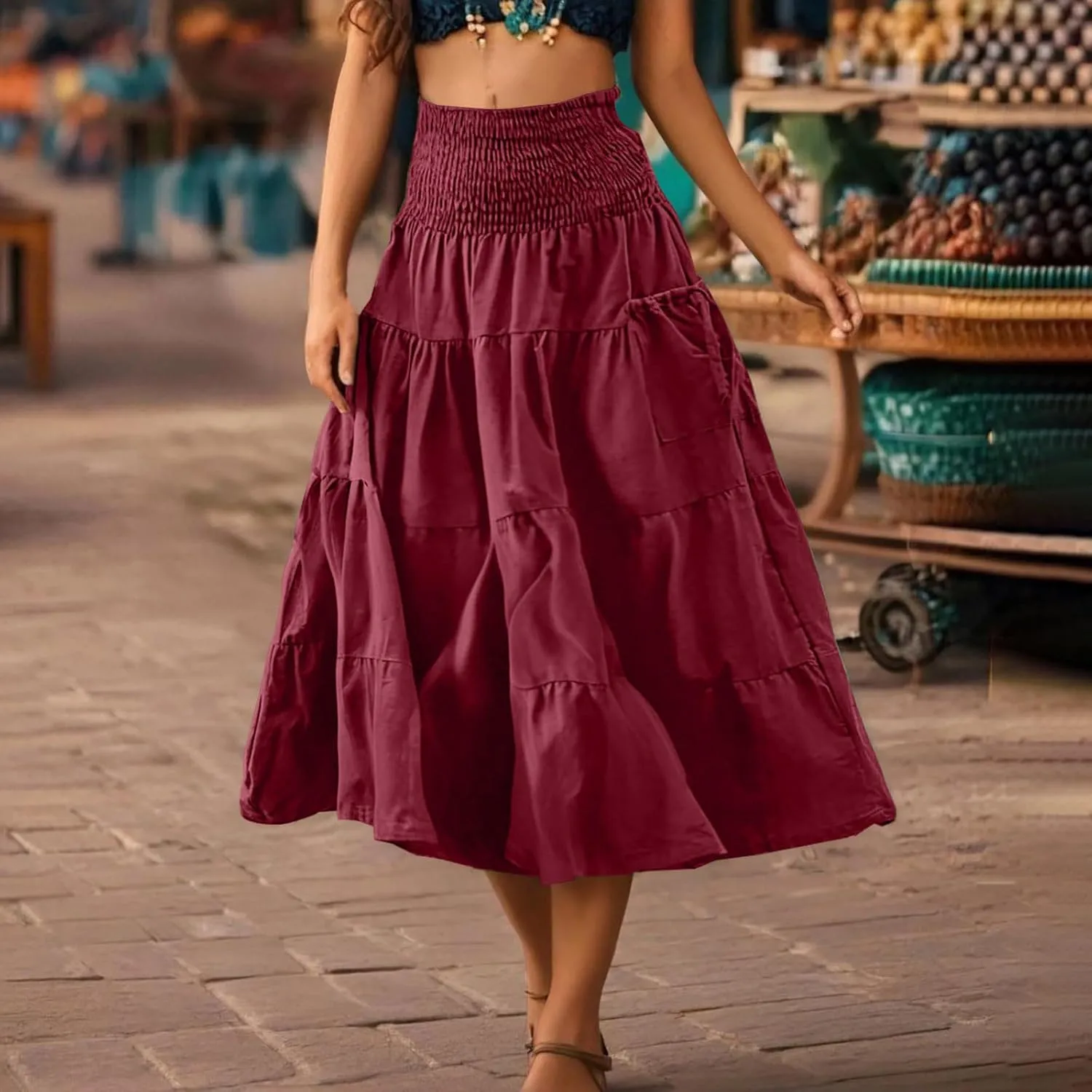 Maxi Skirts for Women Elastic High Waist Tiered A-Line Pleated Long Skirt Summer Flowy Swing Boho Solid Beach Clothes