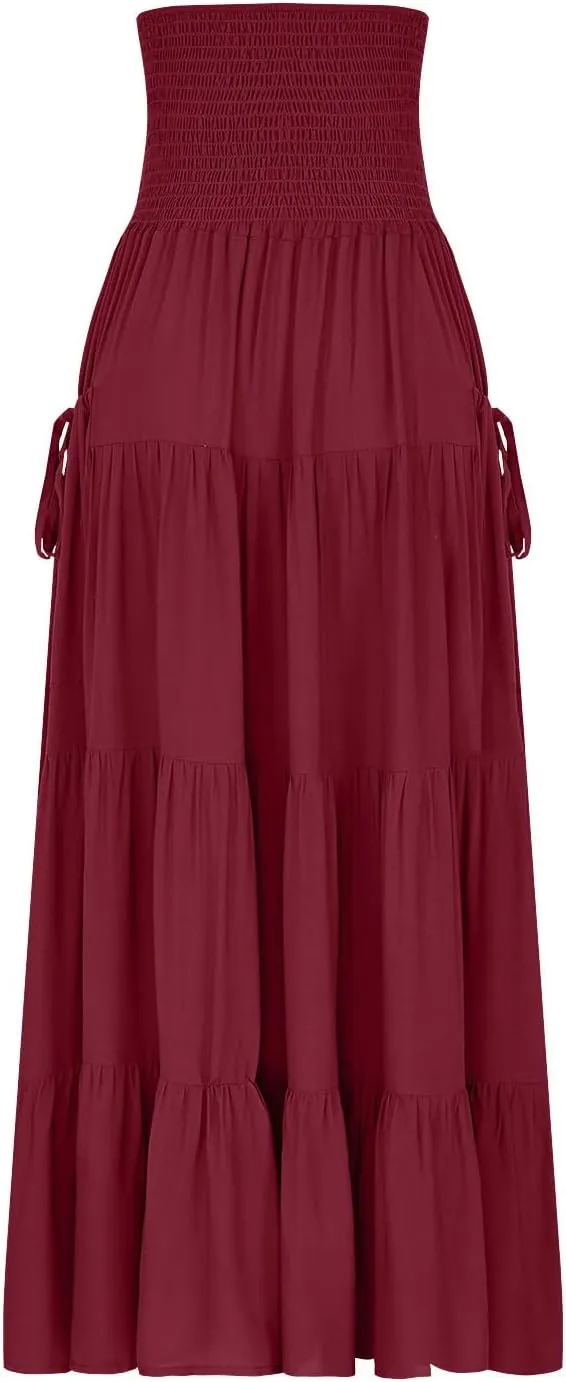 Maxi Skirts for Women Elastic High Waist Tiered A-Line Pleated Long Skirt Summer Flowy Swing Boho Solid Beach Clothes