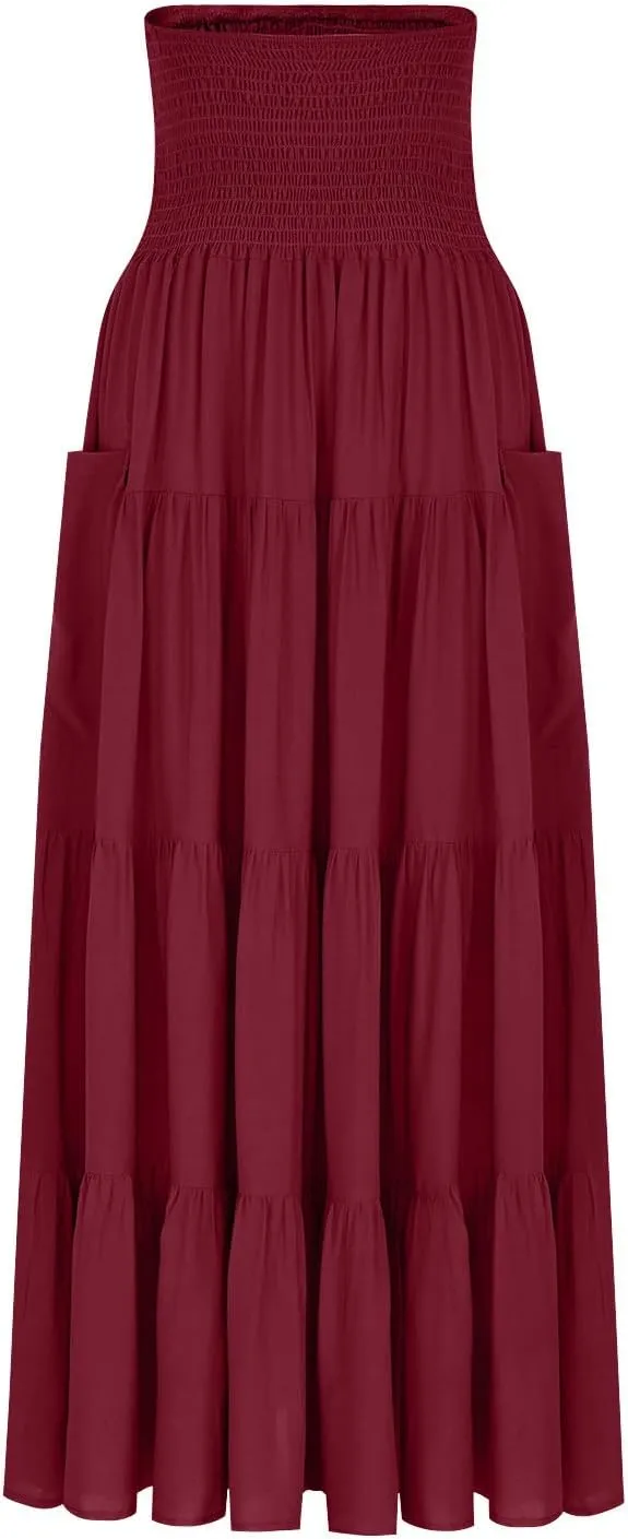 Maxi Skirts for Women Elastic High Waist Tiered A-Line Pleated Long Skirt Summer Flowy Swing Boho Solid Beach Clothes