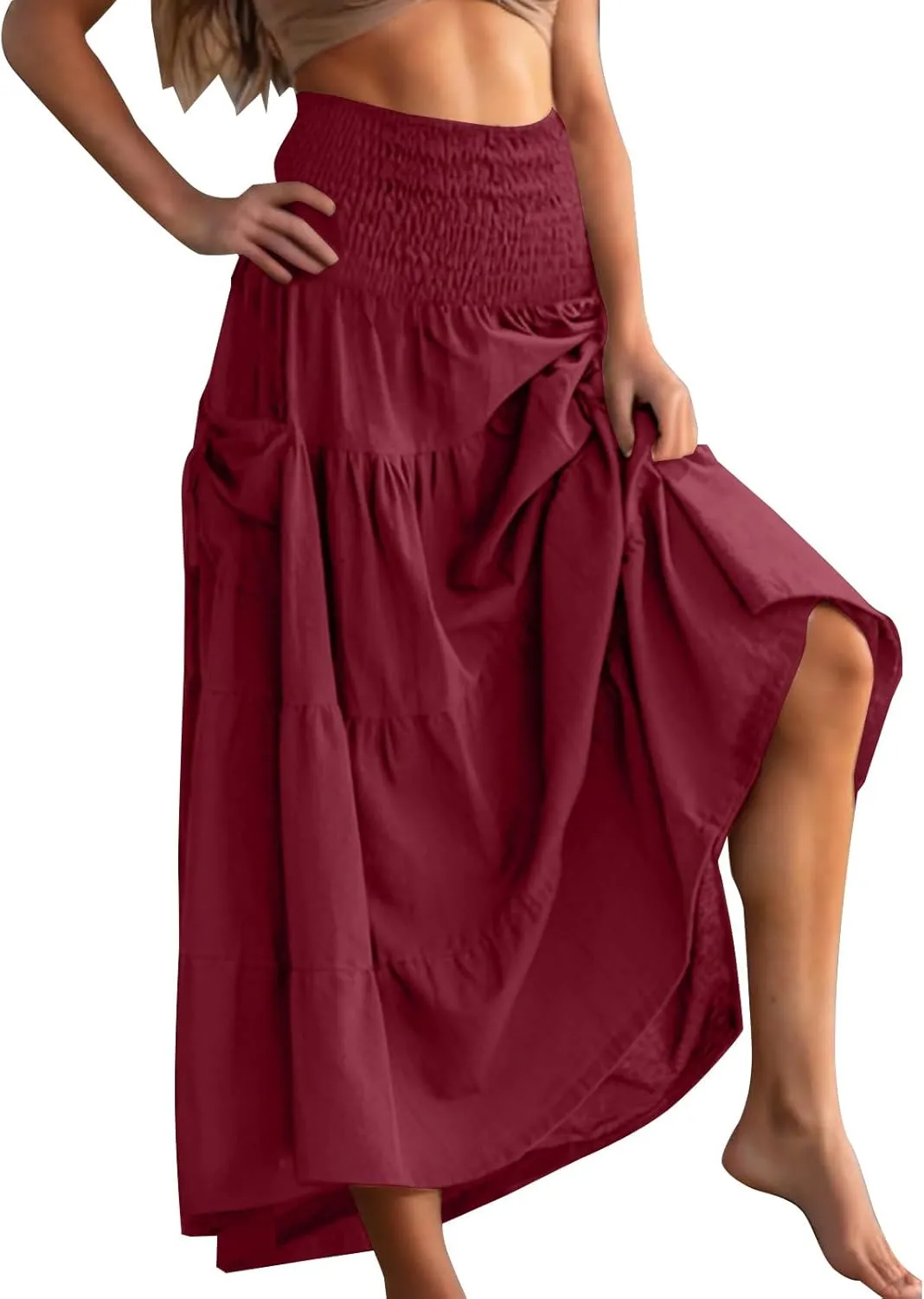 Maxi Skirts for Women Elastic High Waist Tiered A-Line Pleated Long Skirt Summer Flowy Swing Boho Solid Beach Clothes