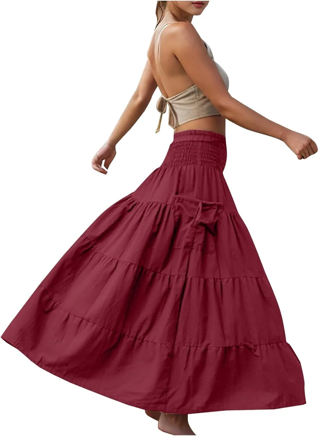 Maxi Skirts for Women Elastic High Waist Tiered A-Line Pleated Long Skirt Summer Flowy Swing Boho Solid Beach Clothes