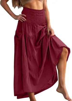 Maxi Skirts for Women Elastic High Waist Tiered A-Line Pleated Long Skirt Summer Flowy Swing Boho Solid Beach Clothes