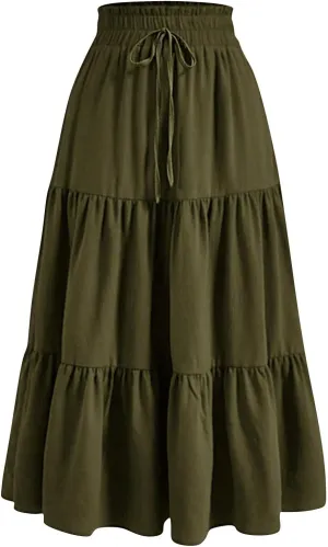 Maxi Skirts for Women Summer Floral Pleated Tiered Boho Flowy Elastic Waist A-Line Spring Beach Vacation Long Skirt