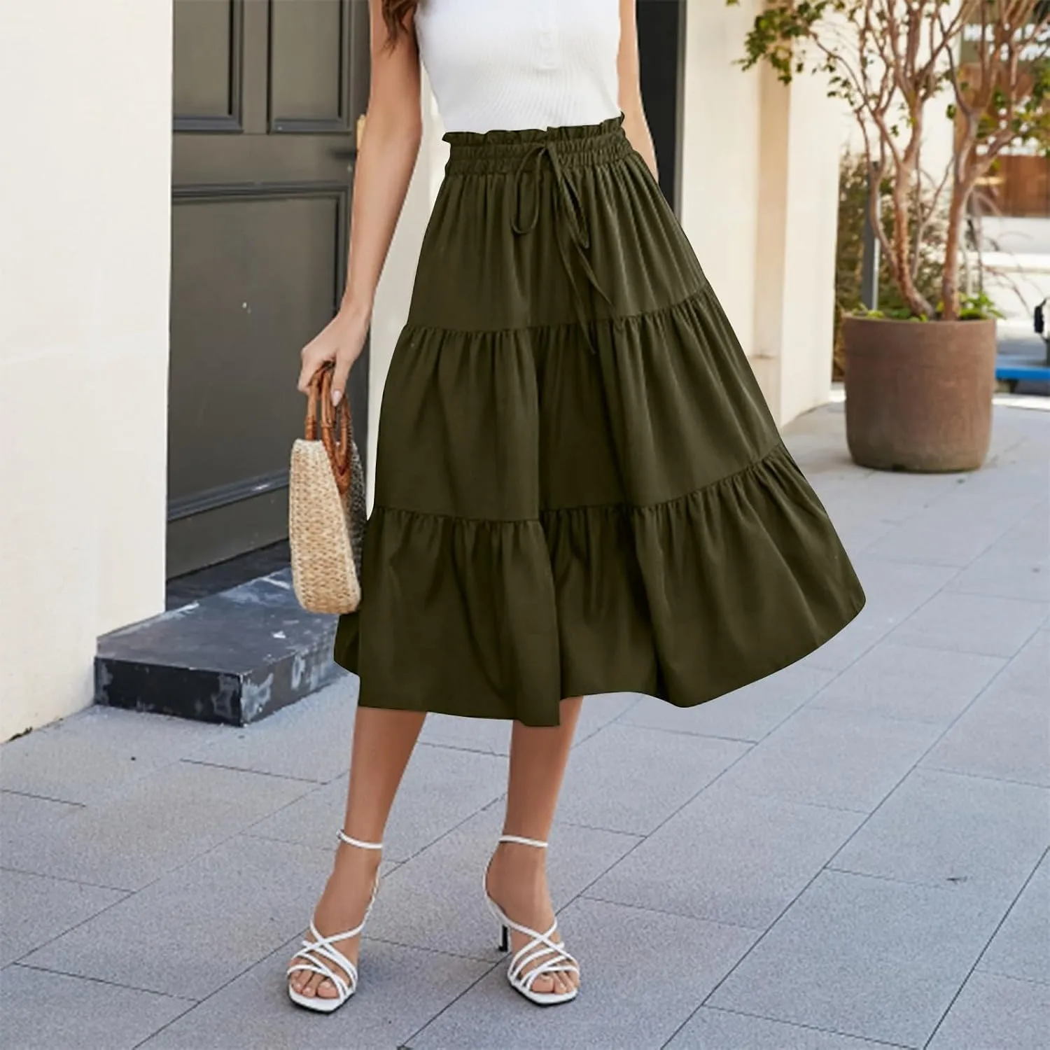 Maxi Skirts for Women Summer Floral Pleated Tiered Boho Flowy Elastic Waist A-Line Spring Beach Vacation Long Skirt