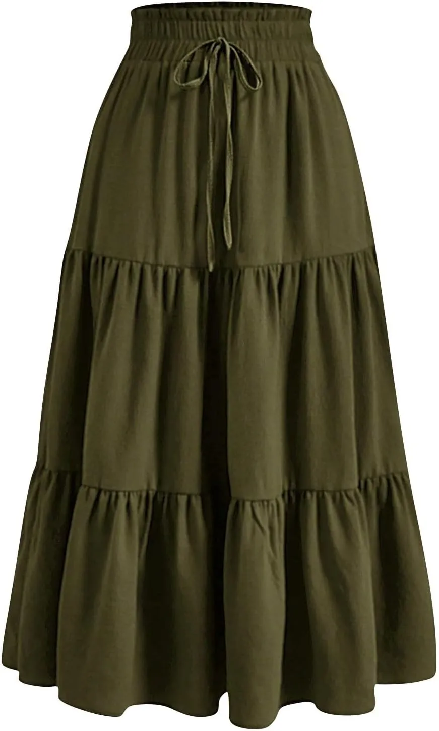 Maxi Skirts for Women Summer Floral Pleated Tiered Boho Flowy Elastic Waist A-Line Spring Beach Vacation Long Skirt