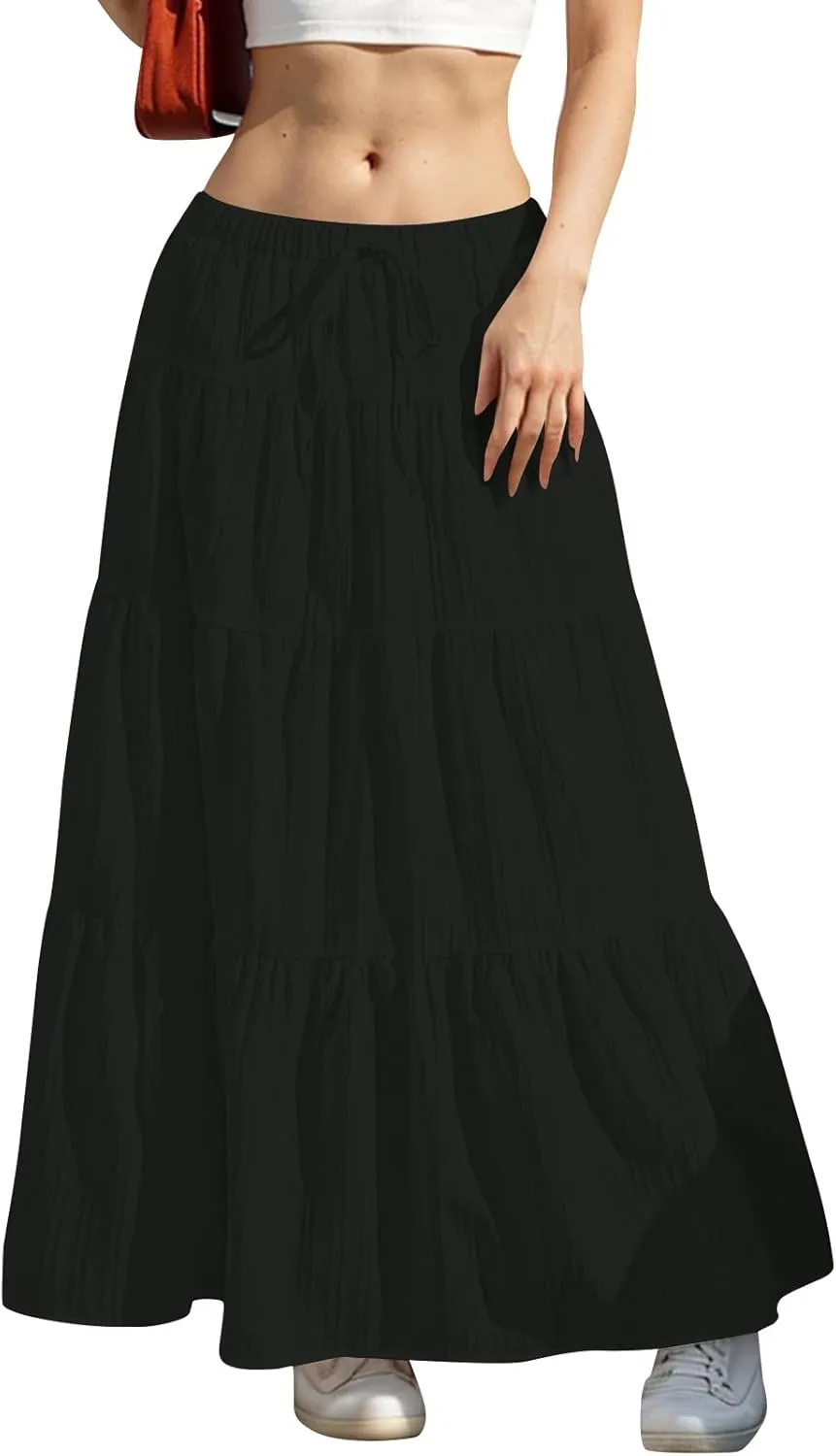 Maxi Skirts for Women Trendy Tiered A-Line Long Skirt Drawstring Elastic Waist Pleated Boho Casual Loose Clothes 2025