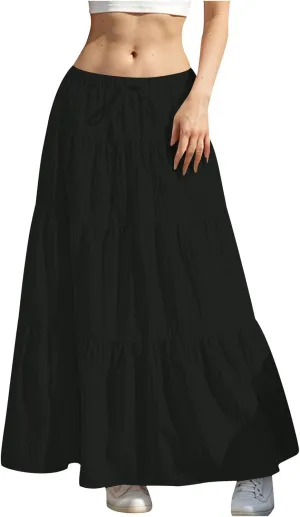 Maxi Skirts for Women Trendy Tiered A-Line Long Skirt Drawstring Elastic Waist Pleated Boho Casual Loose Clothes 2025