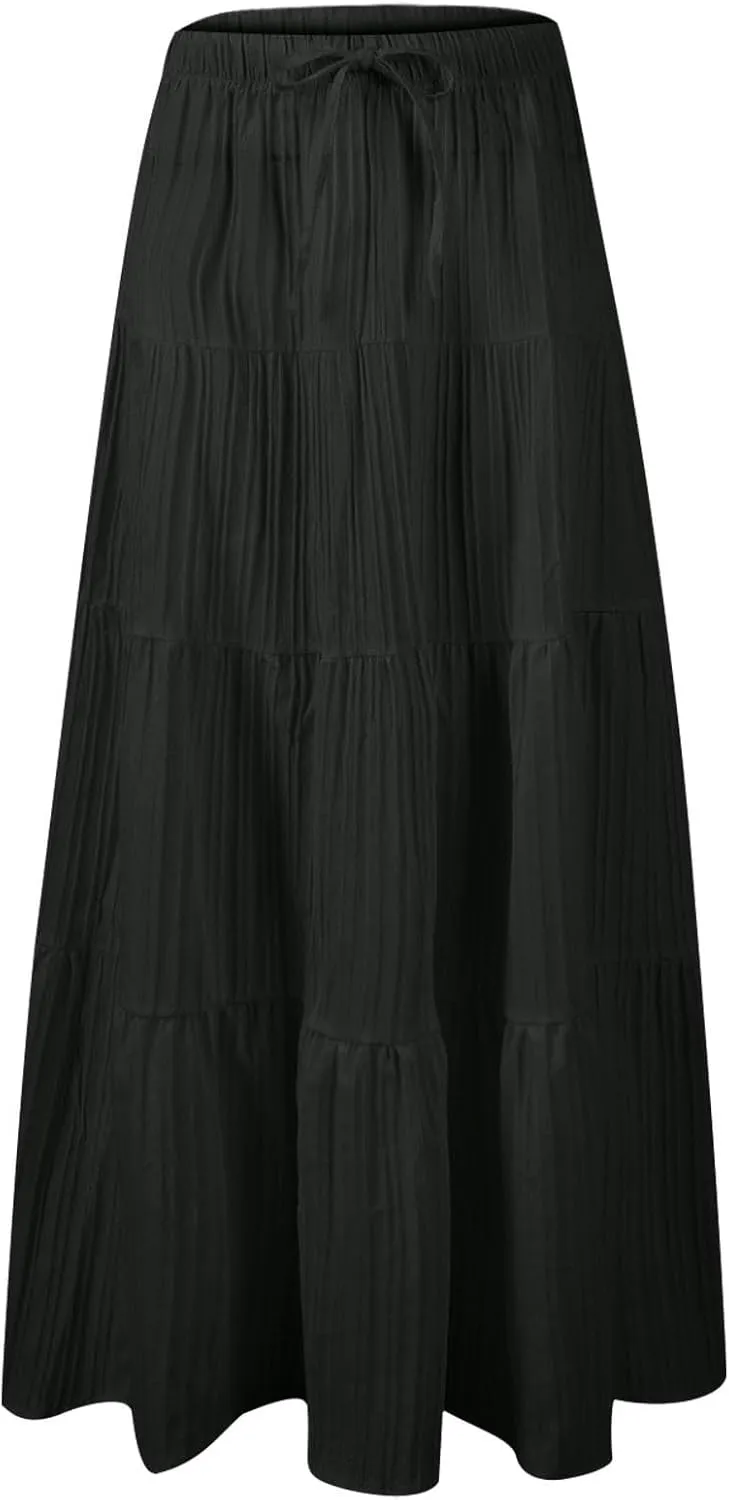 Maxi Skirts for Women Trendy Tiered A-Line Long Skirt Drawstring Elastic Waist Pleated Boho Casual Loose Clothes 2025