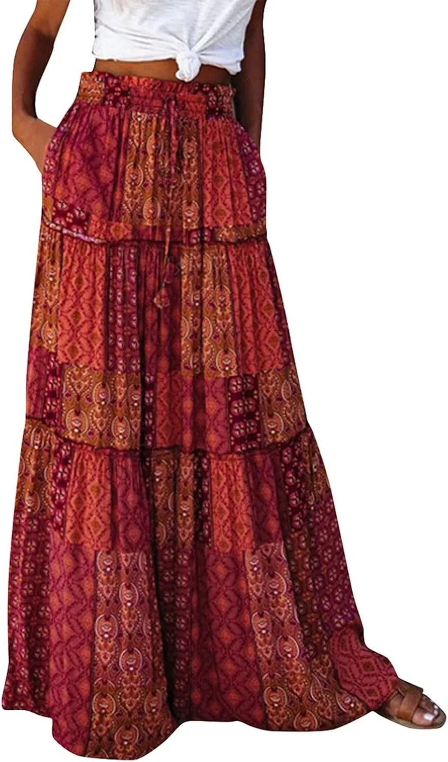 Maxi Skirts,Pleated Flowy Long Skirts for Women 2025 High Waisted Womens Boho Maxi Skirt with Pockets Trendy