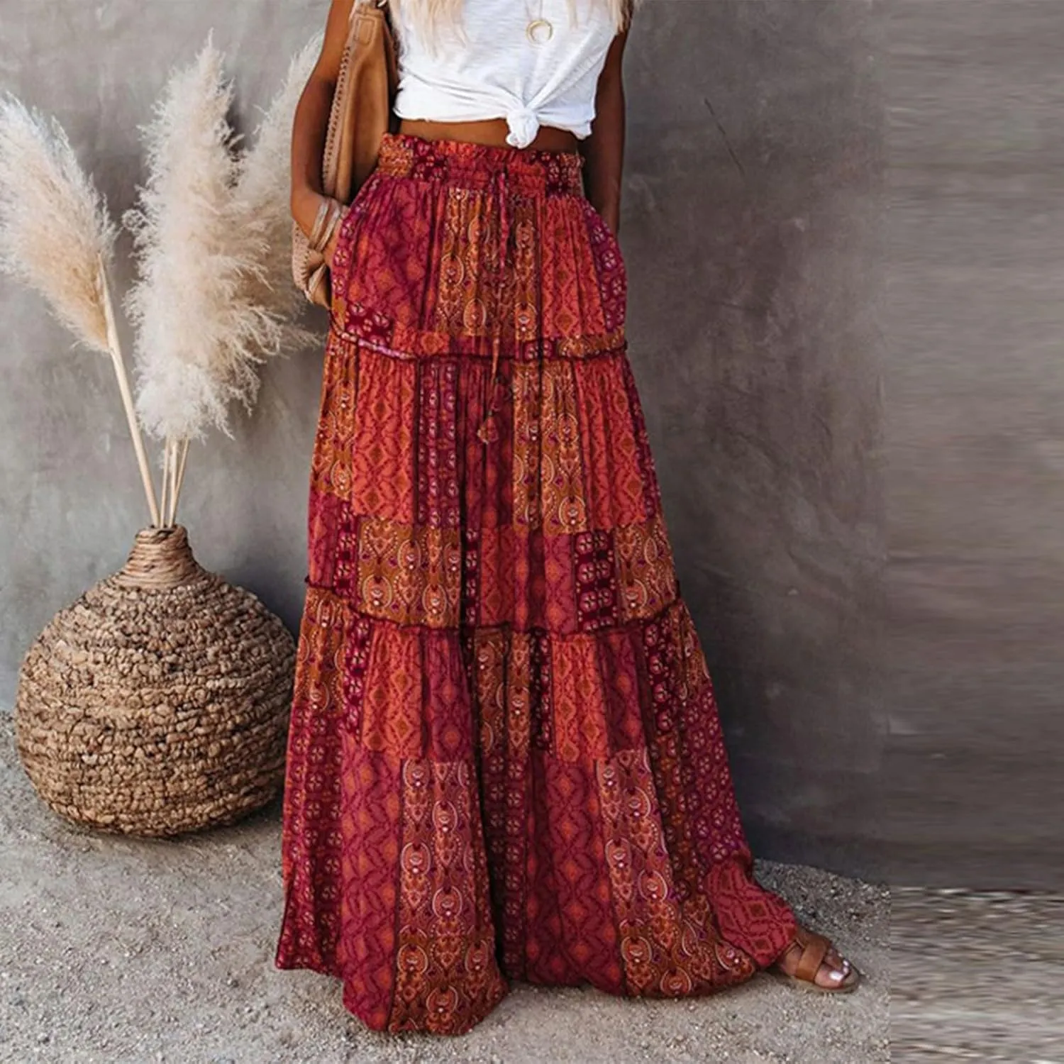 Maxi Skirts,Pleated Flowy Long Skirts for Women 2025 High Waisted Womens Boho Maxi Skirt with Pockets Trendy