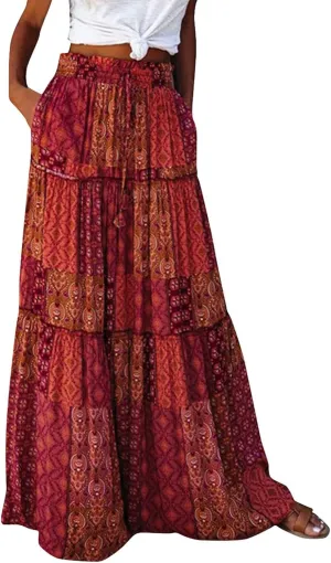 Maxi Skirts,Pleated Flowy Long Skirts for Women 2025 High Waisted Womens Boho Maxi Skirt with Pockets Trendy