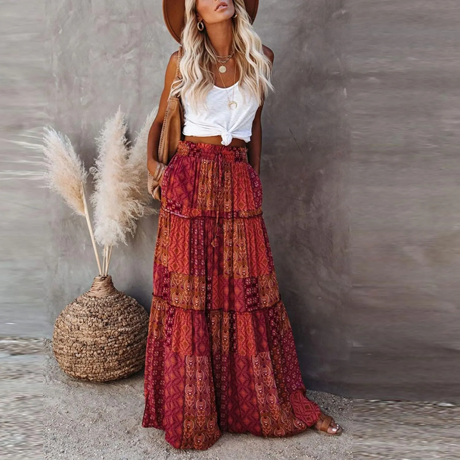 Maxi Skirts,Pleated Flowy Long Skirts for Women 2025 High Waisted Womens Boho Maxi Skirt with Pockets Trendy