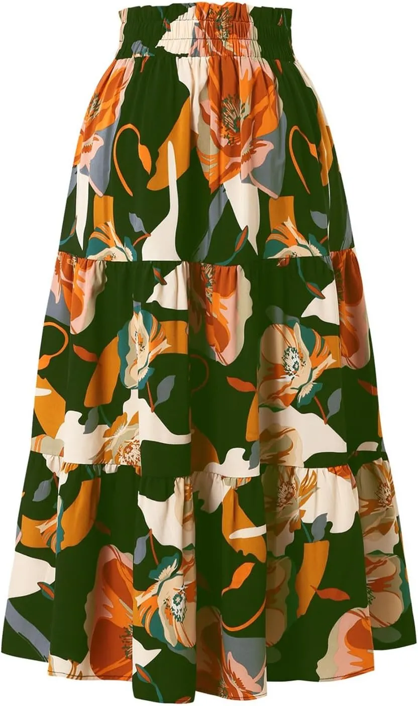 Maxi Skirt,Womens Boho Maxi Skirt with Pockets Elastic High Waisted Linen Summer Flowy Long Skirts for Women 2025
