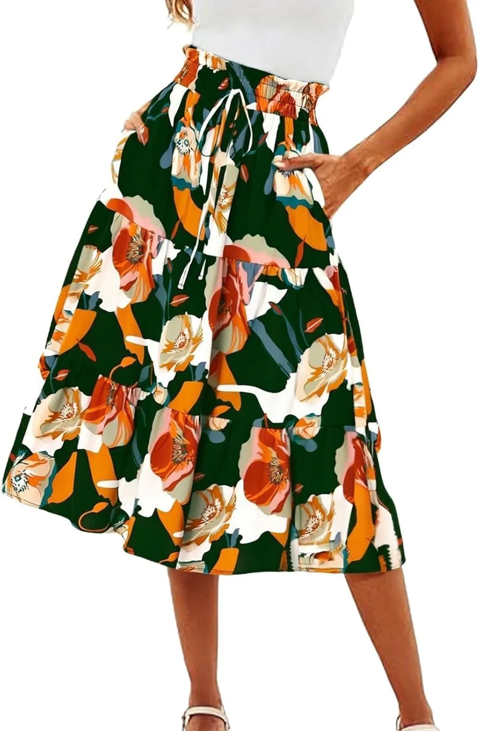Maxi Skirt,Womens Boho Maxi Skirt with Pockets Elastic High Waisted Linen Summer Flowy Long Skirts for Women 2025