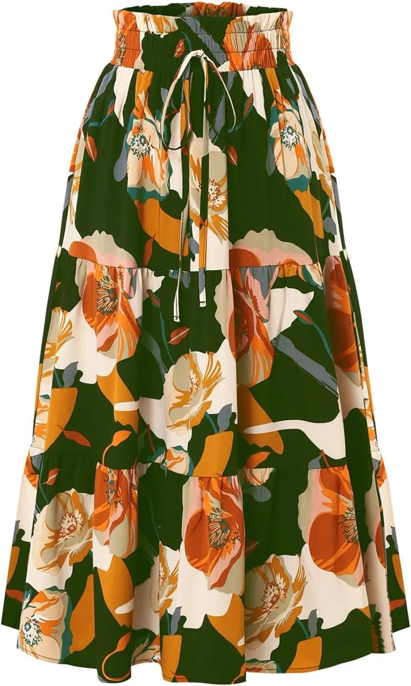 Maxi Skirt,Womens Boho Maxi Skirt with Pockets Elastic High Waisted Linen Summer Flowy Long Skirts for Women 2025