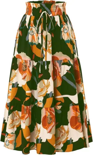 Maxi Skirt,Womens Boho Maxi Skirt with Pockets Elastic High Waisted Linen Summer Flowy Long Skirts for Women 2025