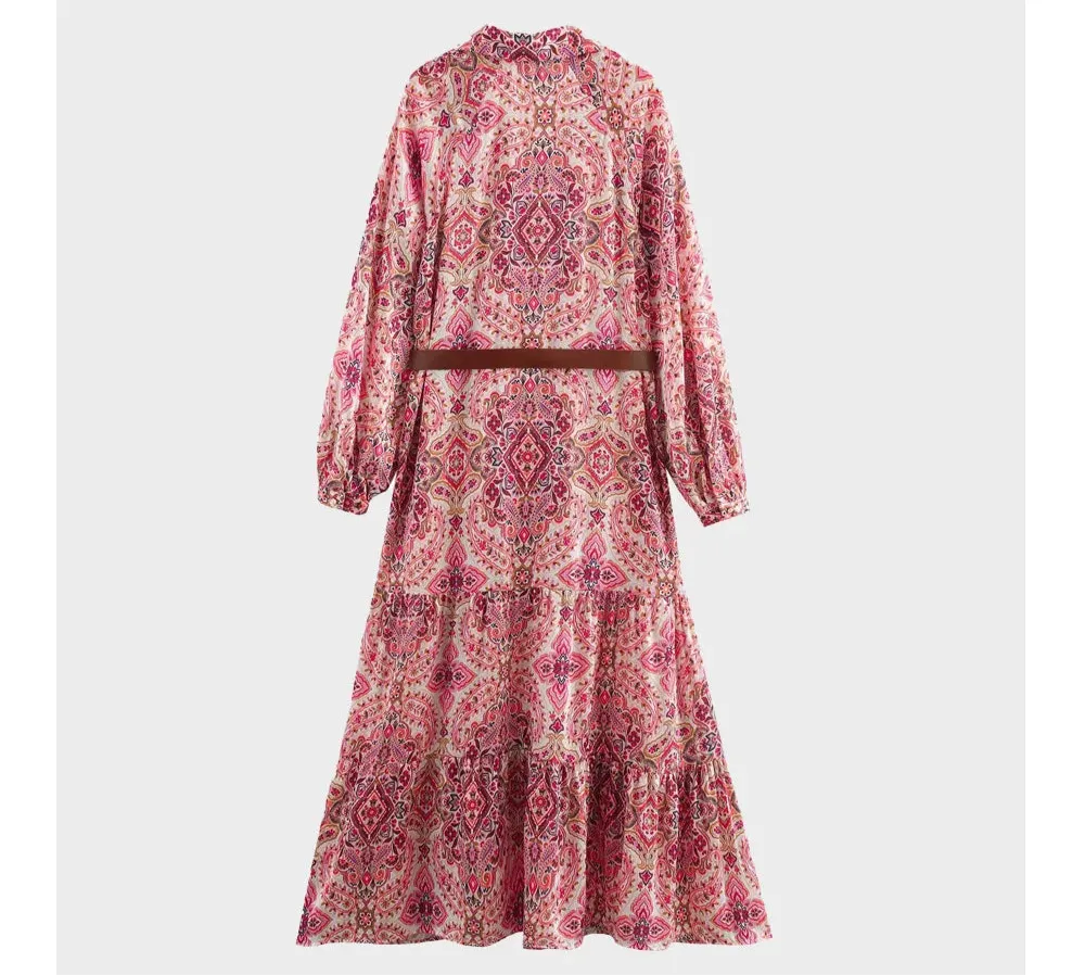 Maya Paisley Print Long Sleeve Maxi Shirt Dress  Chic Bohemian Day Dress