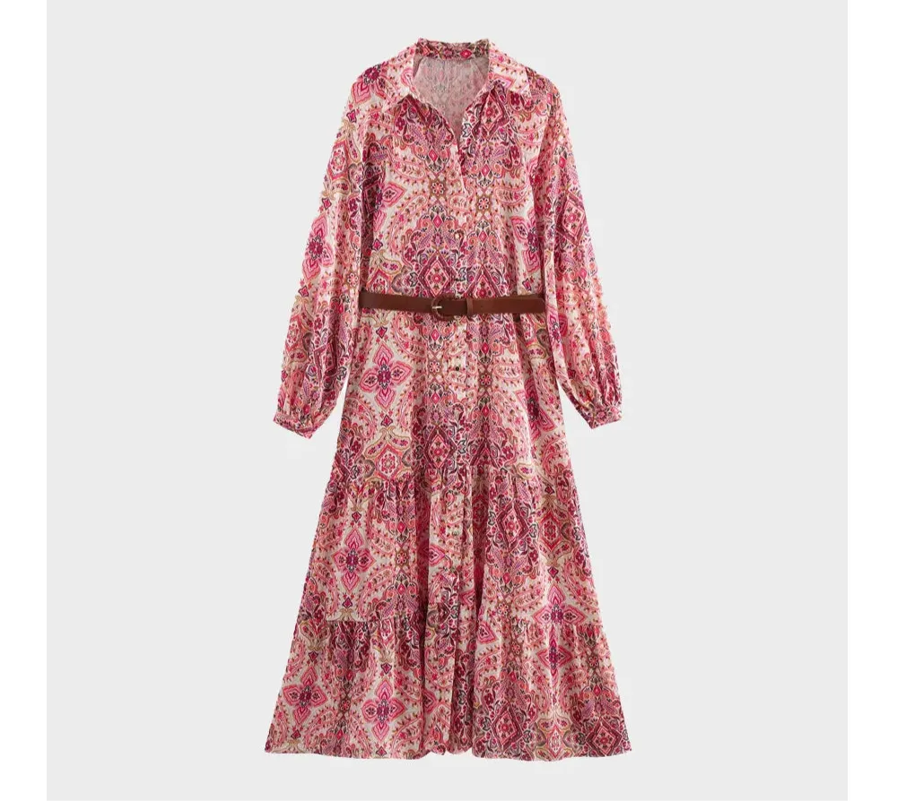 Maya Paisley Print Long Sleeve Maxi Shirt Dress  Chic Bohemian Day Dress
