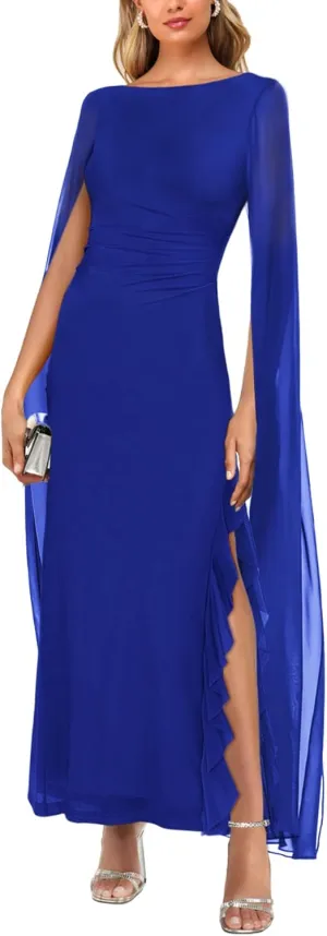MAYFASEY Women's Sexy Elegant Long Sleeve High Split Mesh Ruched Formal Long Evening Party Maxi Dress with Cape