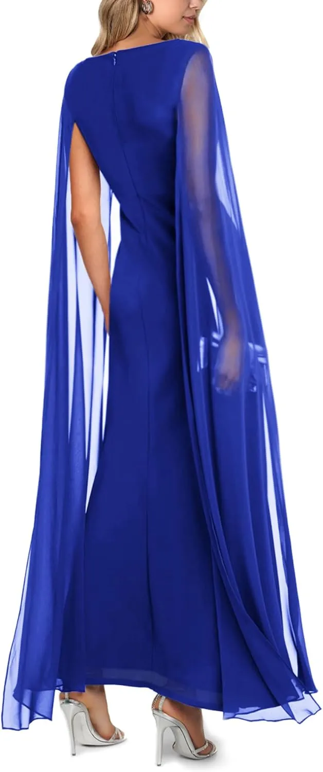 MAYFASEY Women's Sexy Elegant Long Sleeve High Split Mesh Ruched Formal Long Evening Party Maxi Dress with Cape
