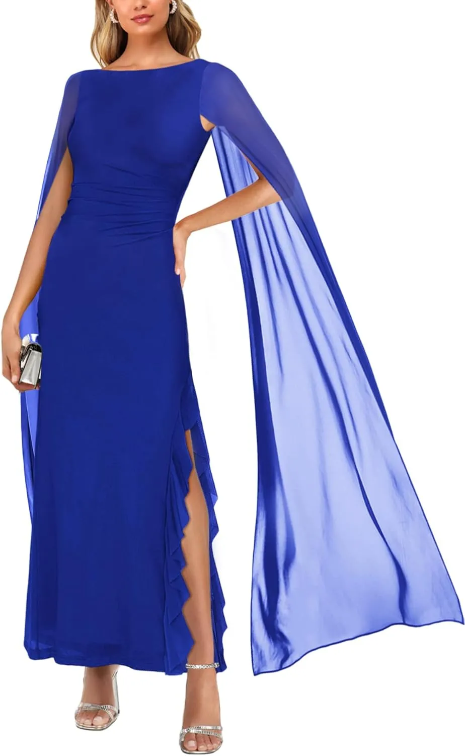 MAYFASEY Women's Sexy Elegant Long Sleeve High Split Mesh Ruched Formal Long Evening Party Maxi Dress with Cape