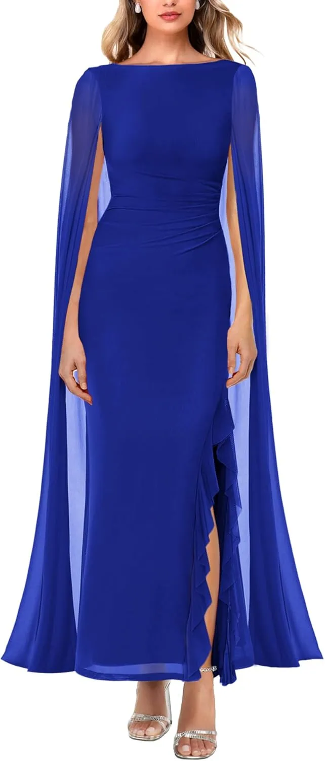 MAYFASEY Women's Sexy Elegant Long Sleeve High Split Mesh Ruched Formal Long Evening Party Maxi Dress with Cape