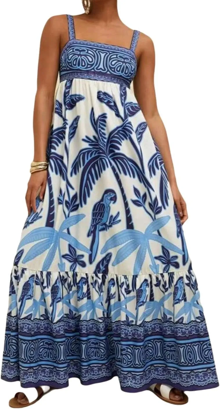 Melliflo Womens Boho Summer Maxi Dress 2025 Floral Print Spaghetti Strap Flowy Maxi Dress Smocked Tiered Long Beach Sundress