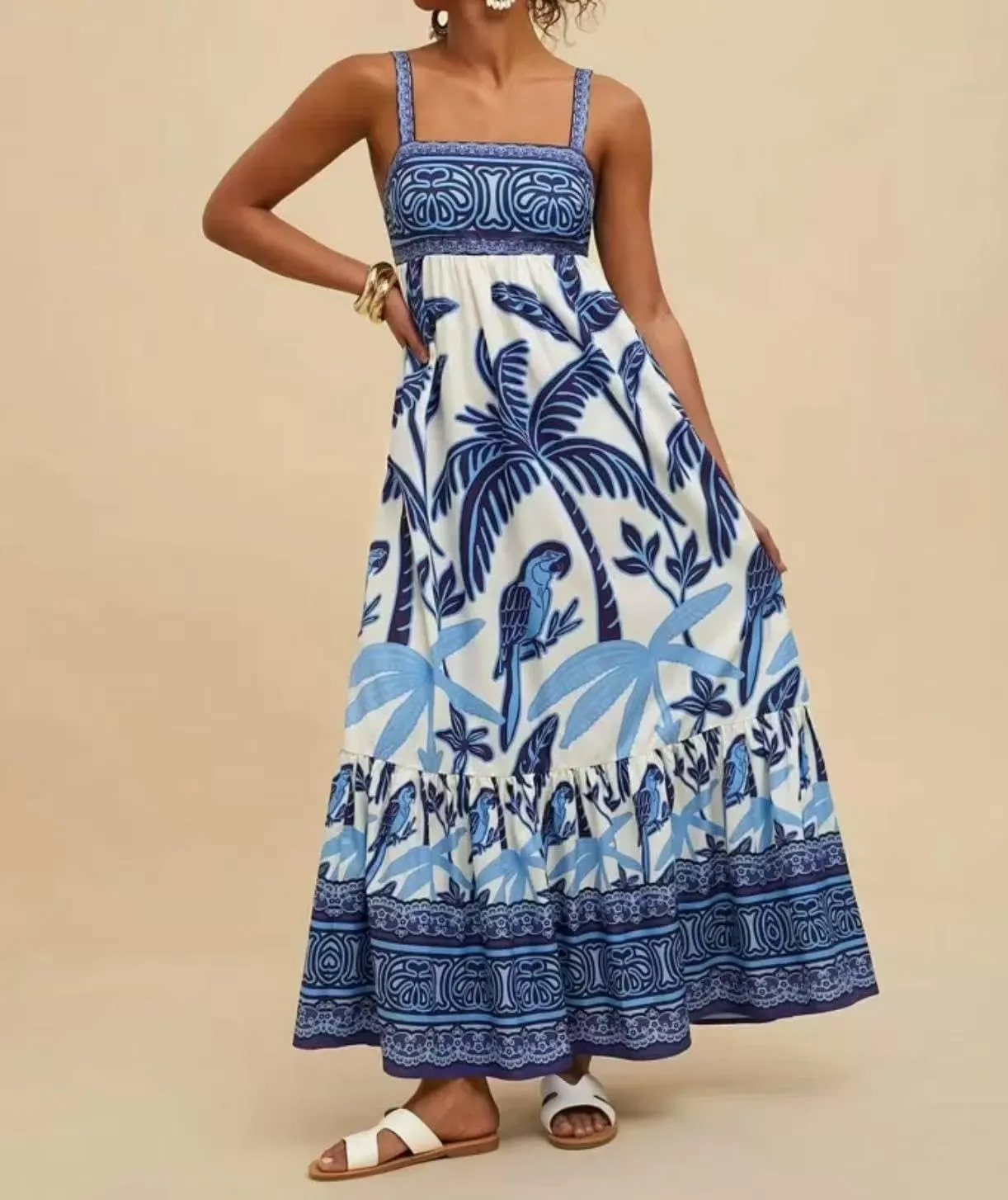 Melliflo Womens Boho Summer Maxi Dress 2025 Floral Print Spaghetti Strap Flowy Maxi Dress Smocked Tiered Long Beach Sundress