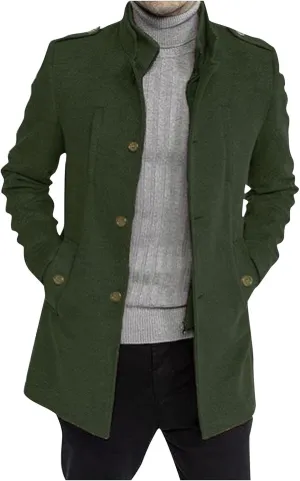 Men Trench Coat Long Sleeve Stand Collar Single Breasted Overcoat Casual Mid Long Slim Fit Pea Coat with Pocket