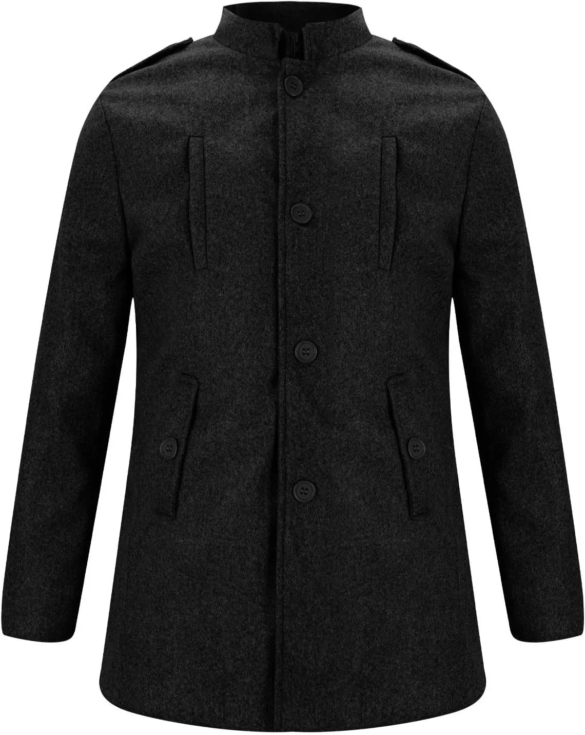 Men Trench Coat Long Sleeve Stand Collar Single Breasted Overcoat Casual Mid Long Slim Fit Pea Coat with Pocket