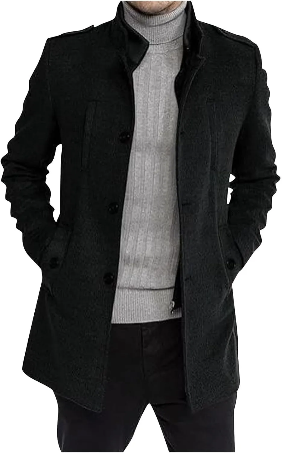 Men Trench Coat Long Sleeve Stand Collar Single Breasted Overcoat Casual Mid Long Slim Fit Pea Coat with Pocket