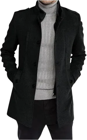 Men Trench Coat Long Sleeve Stand Collar Single Breasted Overcoat Casual Mid Long Slim Fit Pea Coat with Pocket