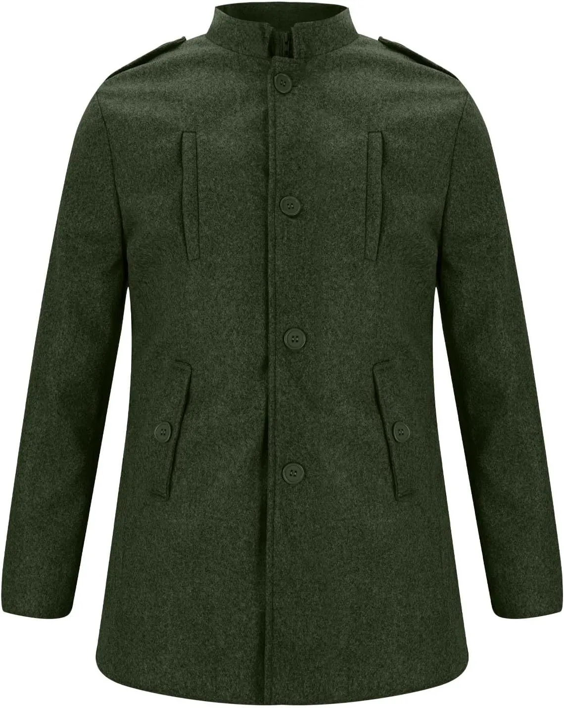 Men Trench Coat Long Sleeve Stand Collar Single Breasted Overcoat Casual Mid Long Slim Fit Pea Coat with Pocket