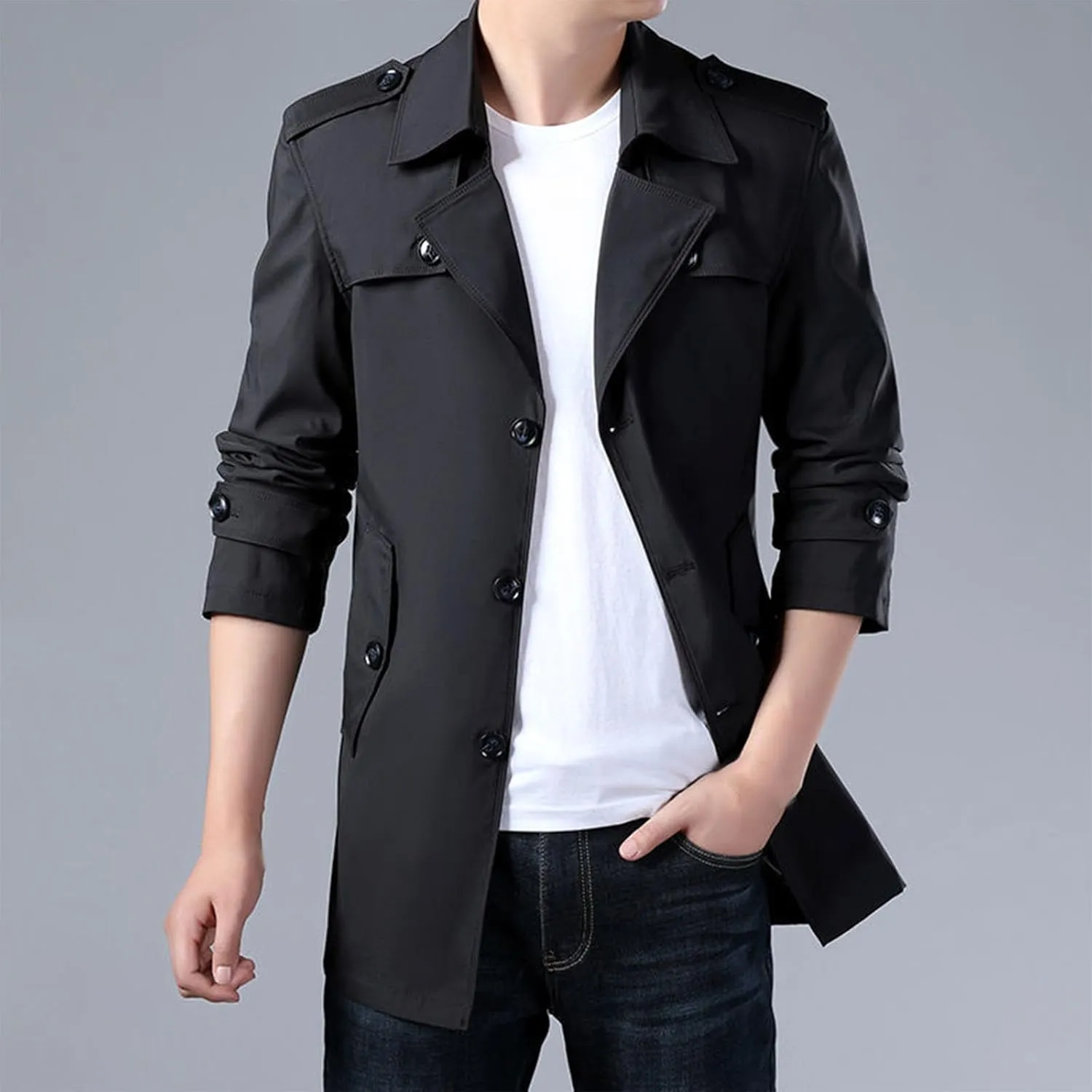 Men Trench Coat Winter Mid Length Wool Coat Notch Collar Cardigan Big and Tall Peacoat Lightweight Cardigan Coat