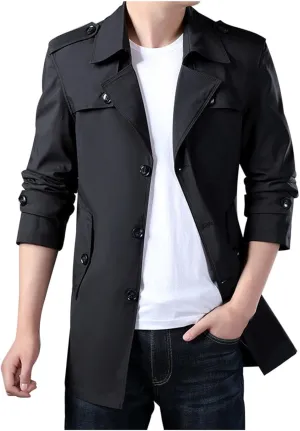 Men Trench Coat Winter Mid Length Wool Coat Notch Collar Cardigan Big and Tall Peacoat Lightweight Cardigan Coat